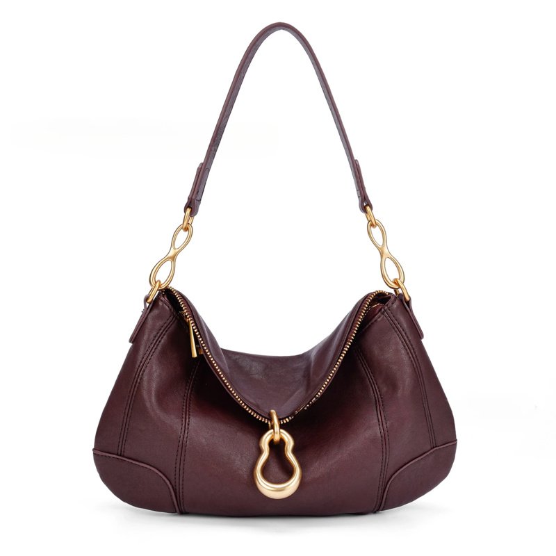 Sac à main en cuir bordeaux élégant avec détails dorés