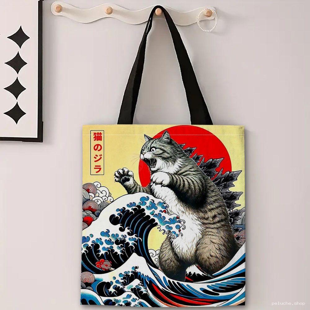 Sac Tote Bag Chat Godzilla Vague Japonaise - Style Hokusai