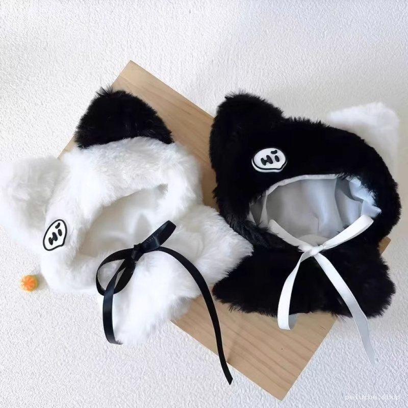 Bonnet doux oreilles de chat "Hi" - Noir & Blanc | Style Kawaii