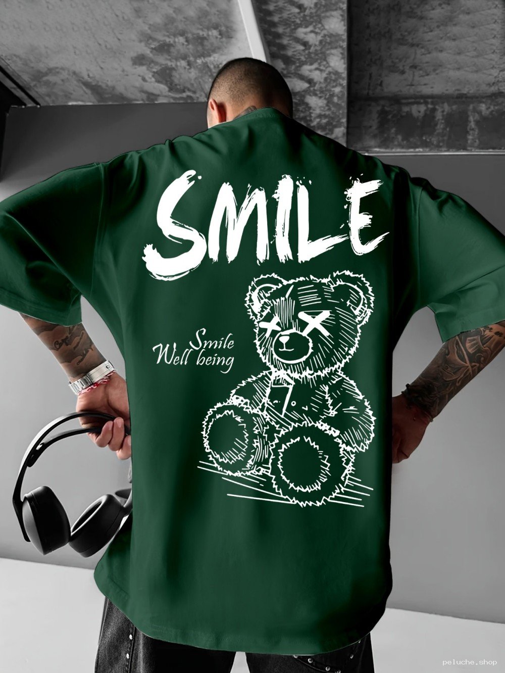 T-shirt Vert Oversize "SMILE" & Ours en Peluche - Tendance