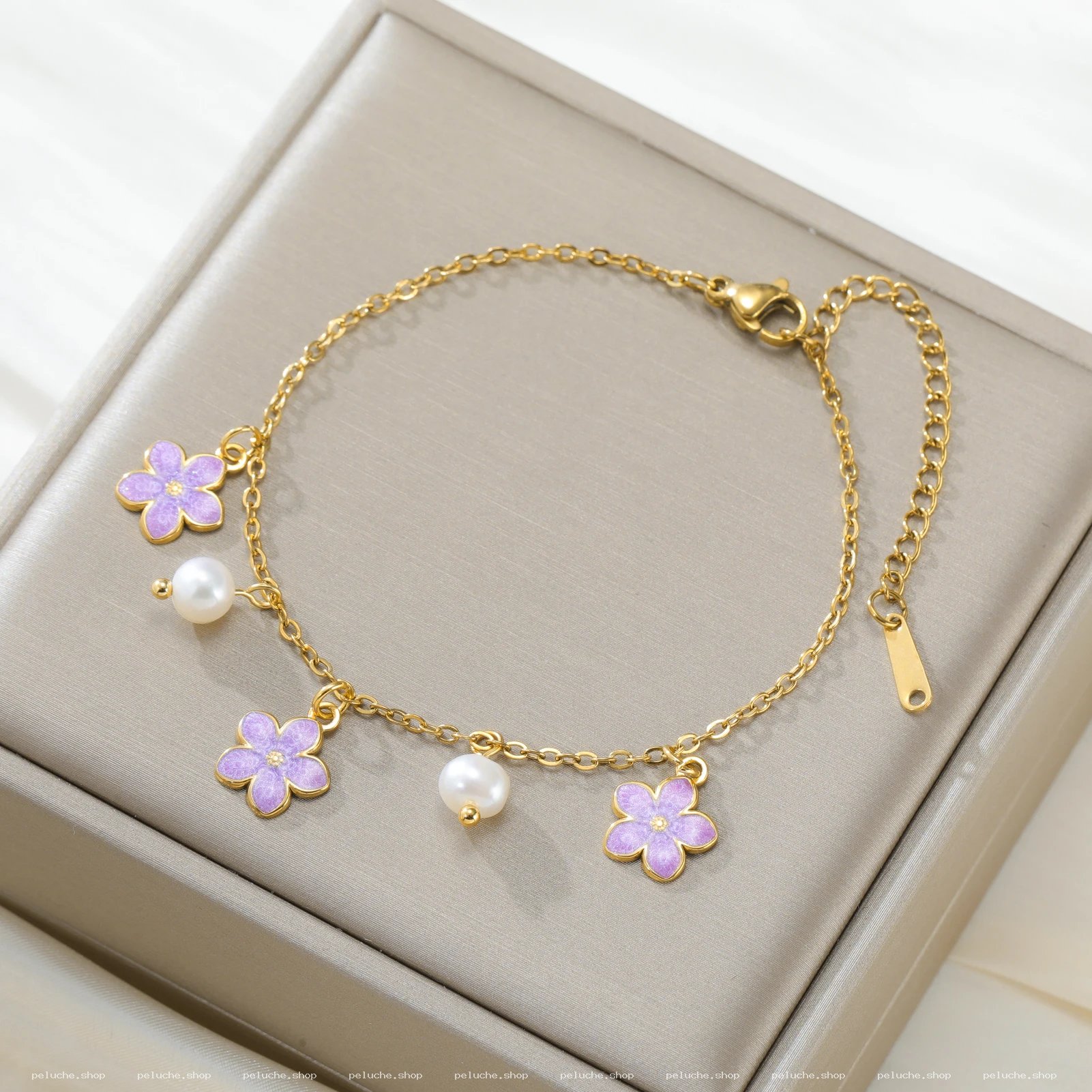 Bracelet Fleur Violette & Perle Doré - Chic & Délicat