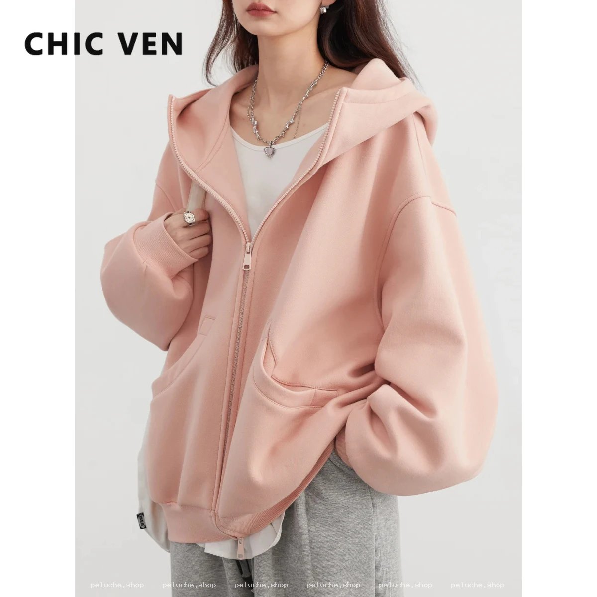Sweat Zippé à Capuche Rose Oversize Tendance Femme