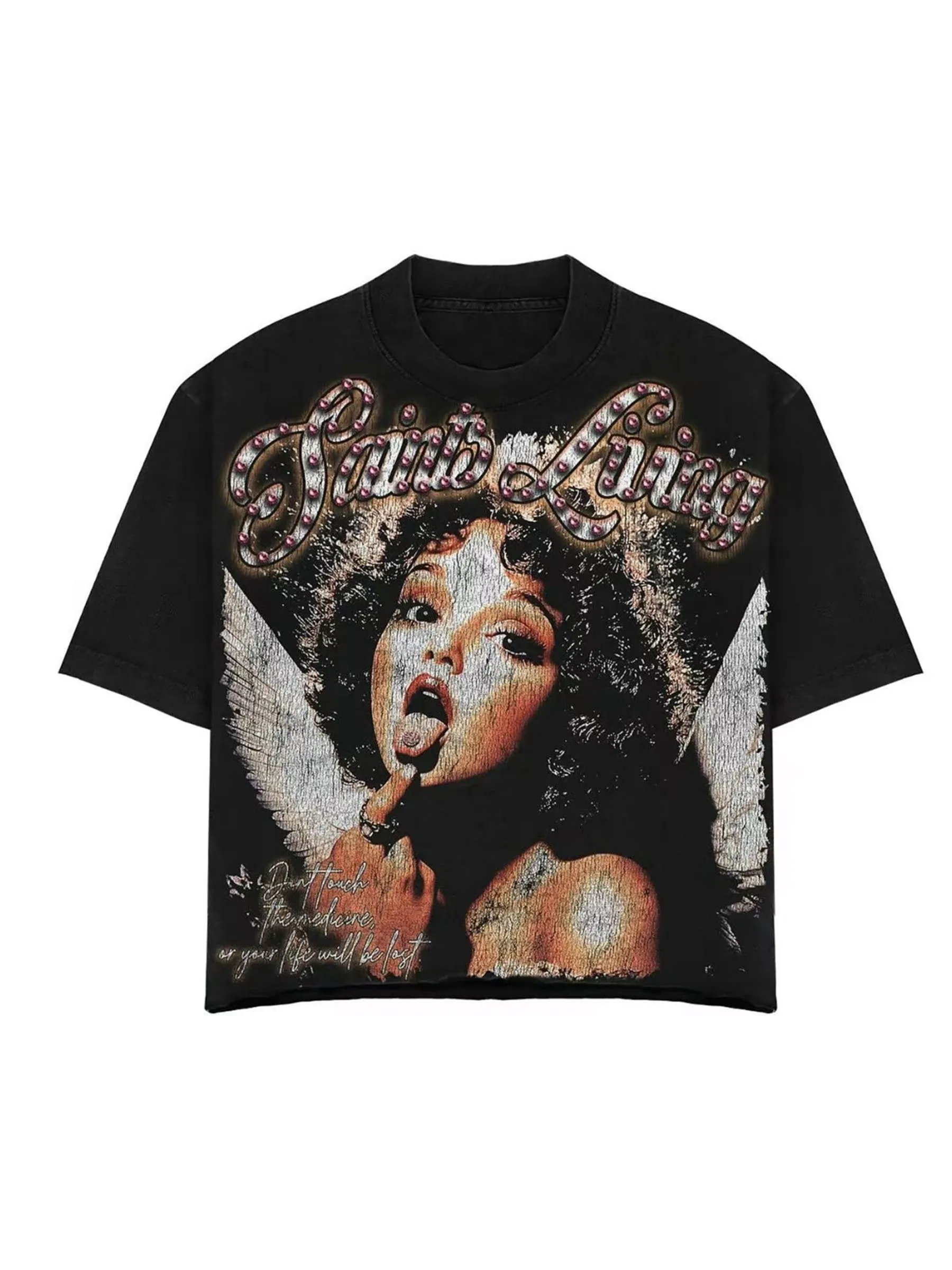 T-shirt vintage noir femme motif ange "Saint Living" graphique