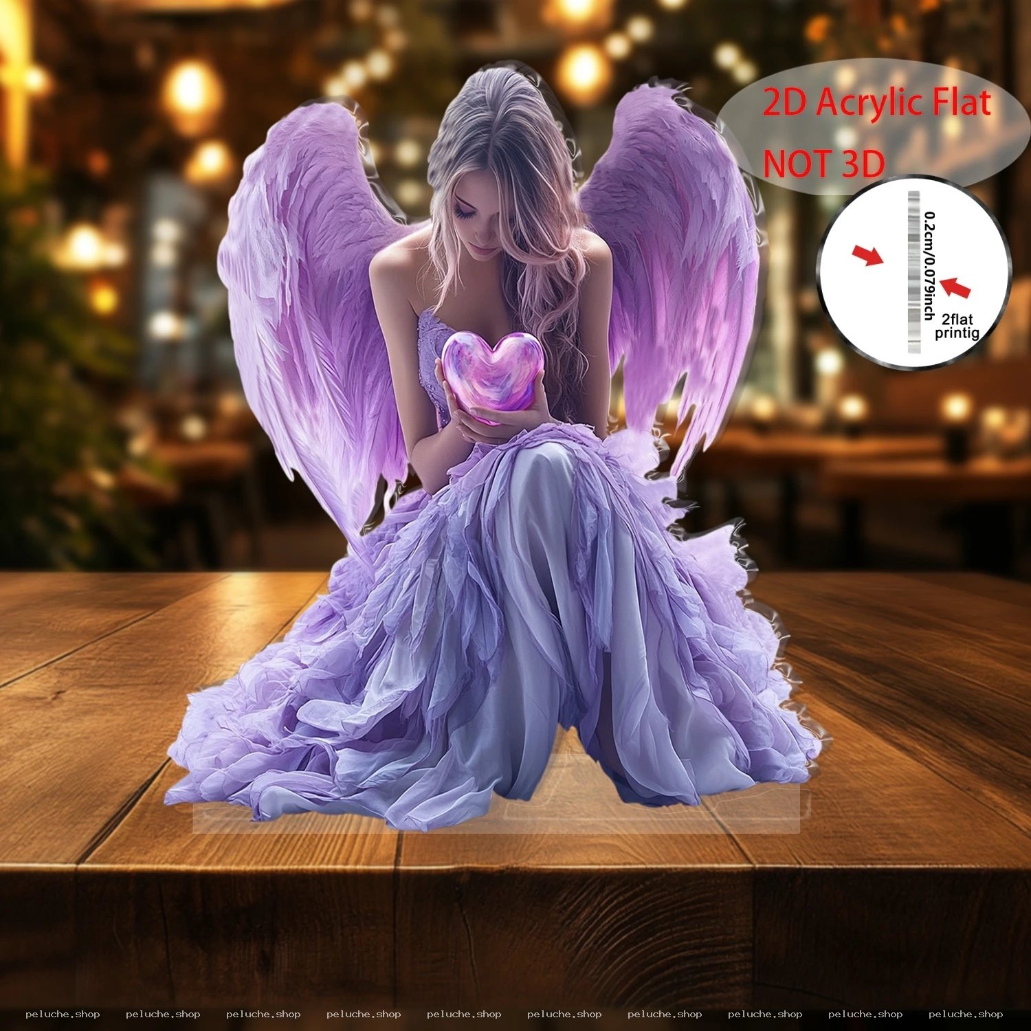 Ange Décoratif Acrylique 2D Ailes Violettes Coeur Lumineux