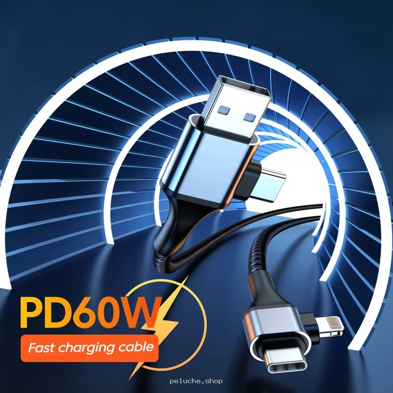 Câble Charge Rapide PD60W USB-A vers USB-C/Lightning Coudé