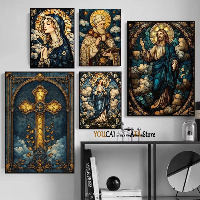 Tableaux Vitrail Religieux - Art Chrétien Jésus, Marie, Croix