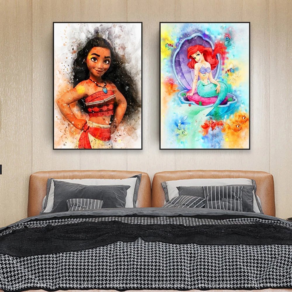 Tableaux Disney Aquarelle : Vaiana et Ariel pour Chambre Enfant