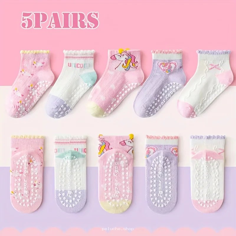 Lot de 5 Chaussettes Bébé Fille Licorne Anti-Dérapantes