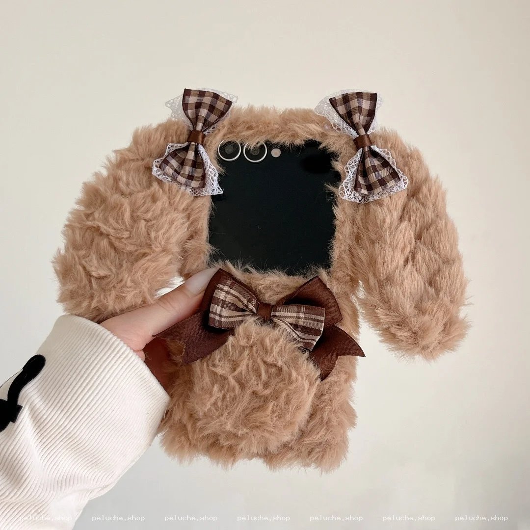 Coque Téléphone Peluche Douce avec Nœuds Mignons - Marron