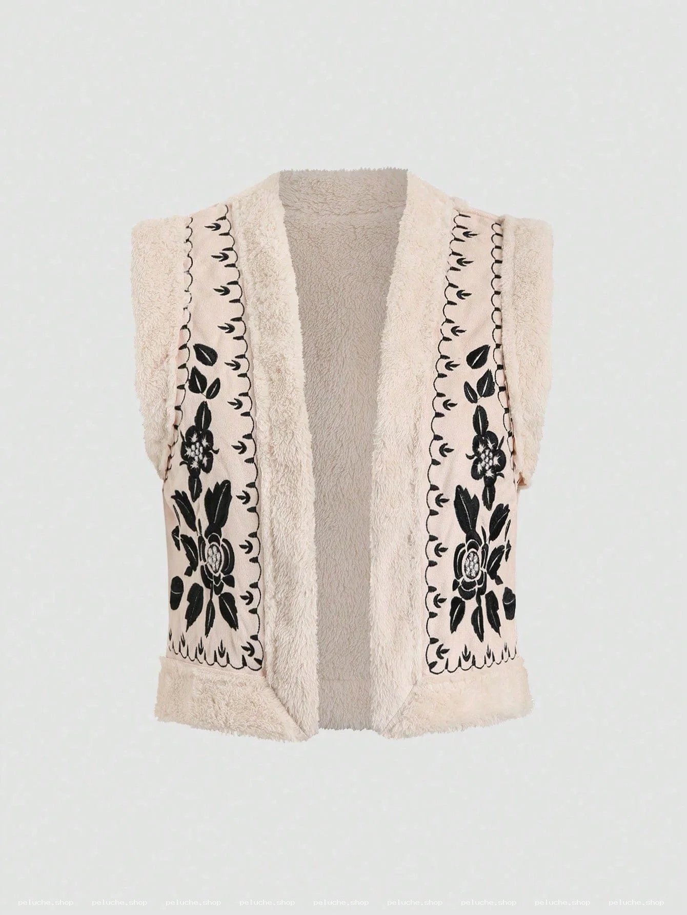 Gilet sans manches fausse fourrure brodé floral crème