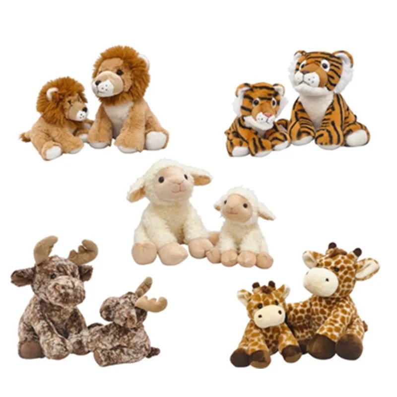 Peluches Mère-Enfant: Lions, Tigres, Moutons, Orignaux, Girafes