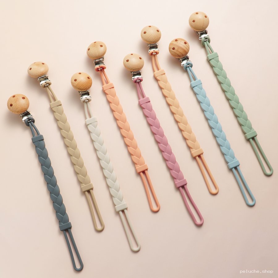 Attaches tétine tressées en silicone et bois - Couleurs pastel