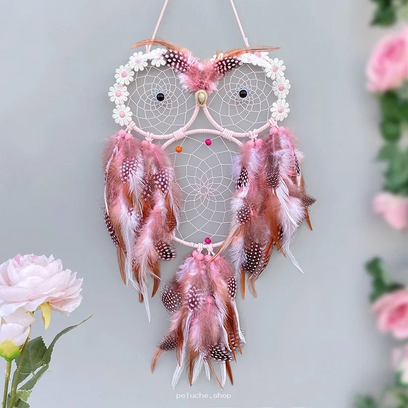 Attrape-Rêves Hibou Rose Floral - Décoration Murale Bohème