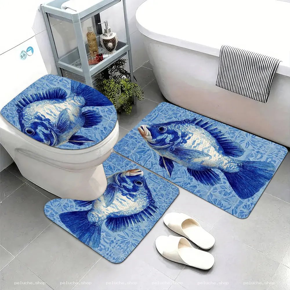 Ensemble Tapis de Bain 3D Poisson Bleu - Déco Salle de Bain