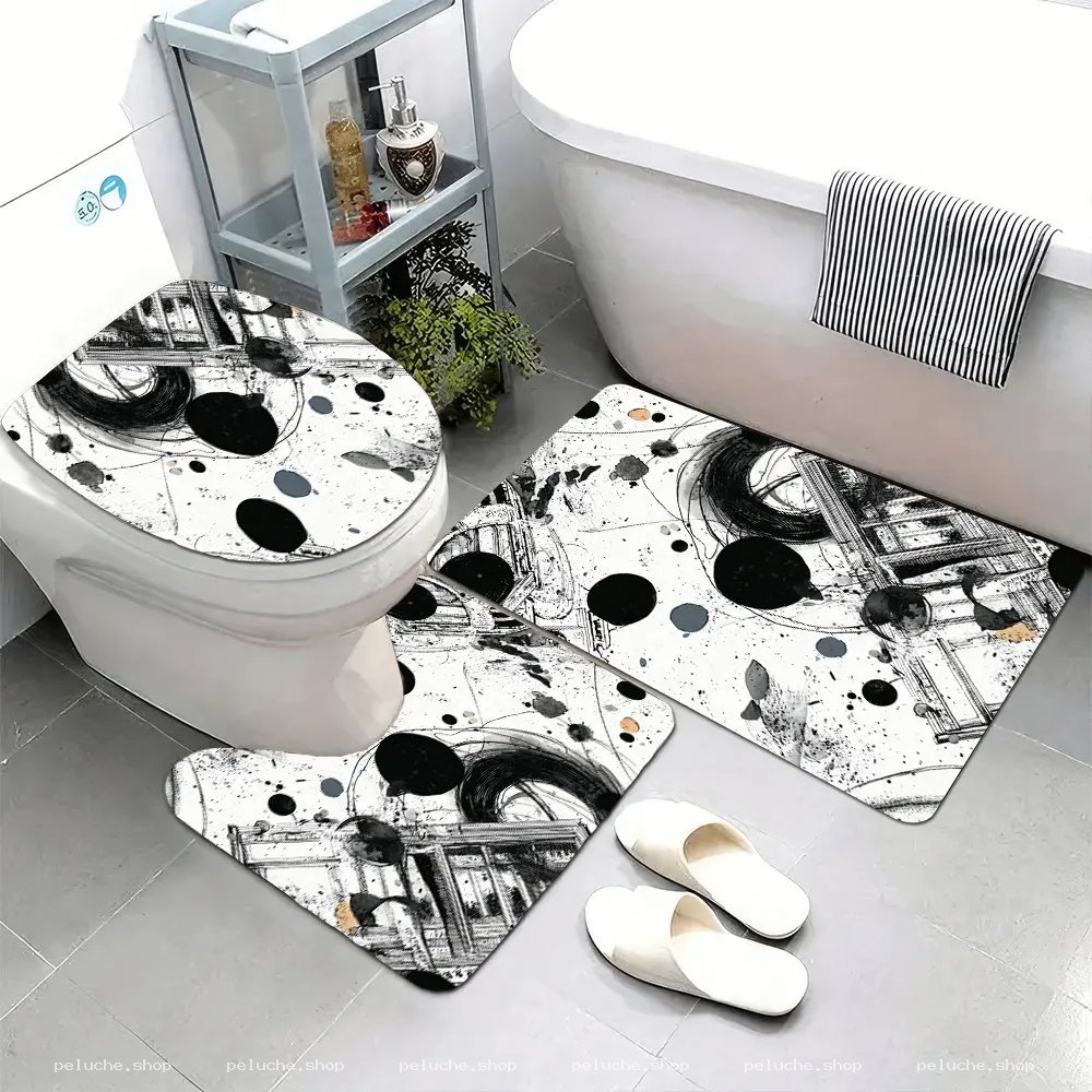 Ensemble Tapis WC Design Abstrait Blanc Noir Gris