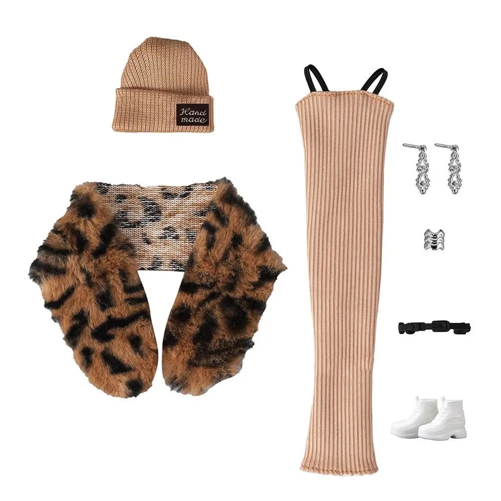 Ensemble Poupée Tendance: Robe, Bonnet, Foulard Léopard & Acc.