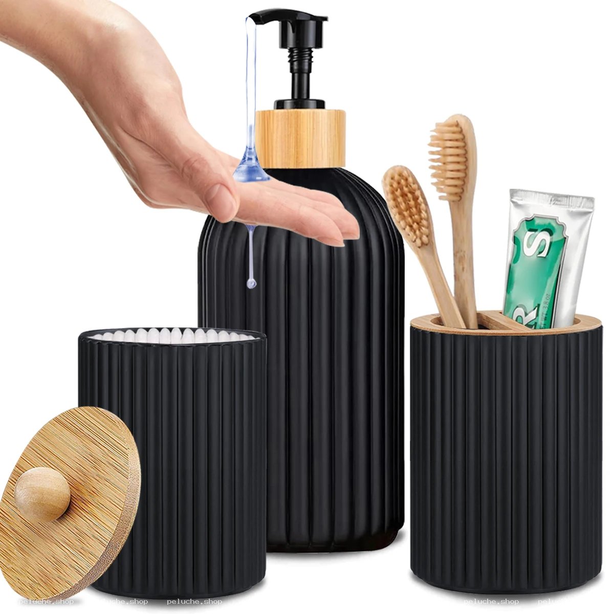 Set Salle de Bain Noir & Bambou - Design Moderne 3 Pièces