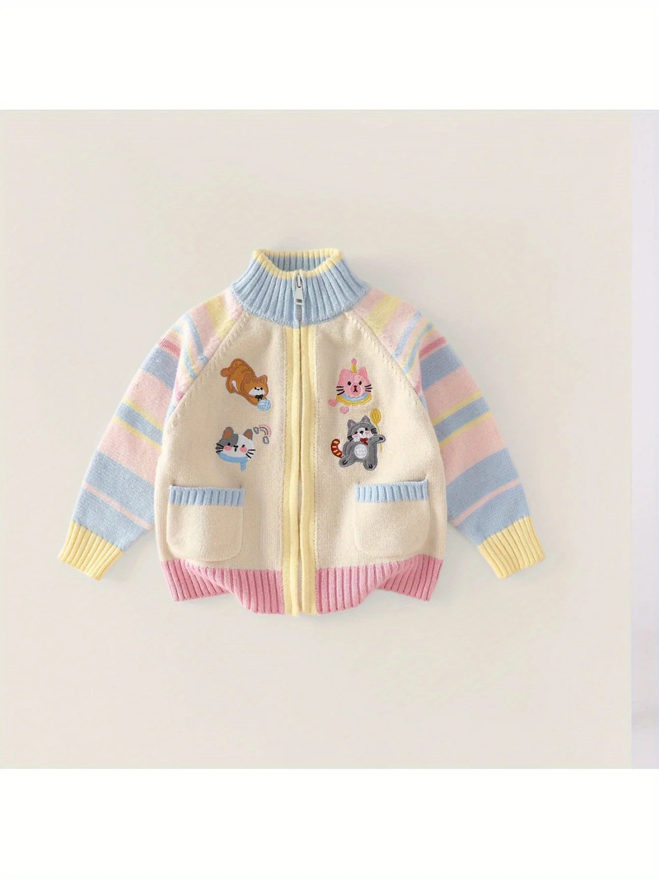 Cardigan Enfant Rayé Pastel Animaux Mignons Brodés