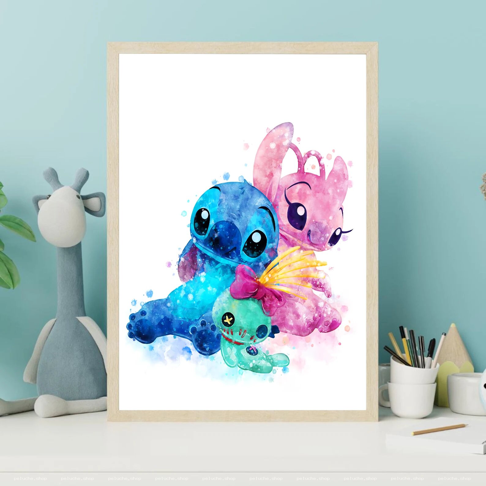 Poster Aquarelle Stitch, Angel & Scrump | Décoration Enfant