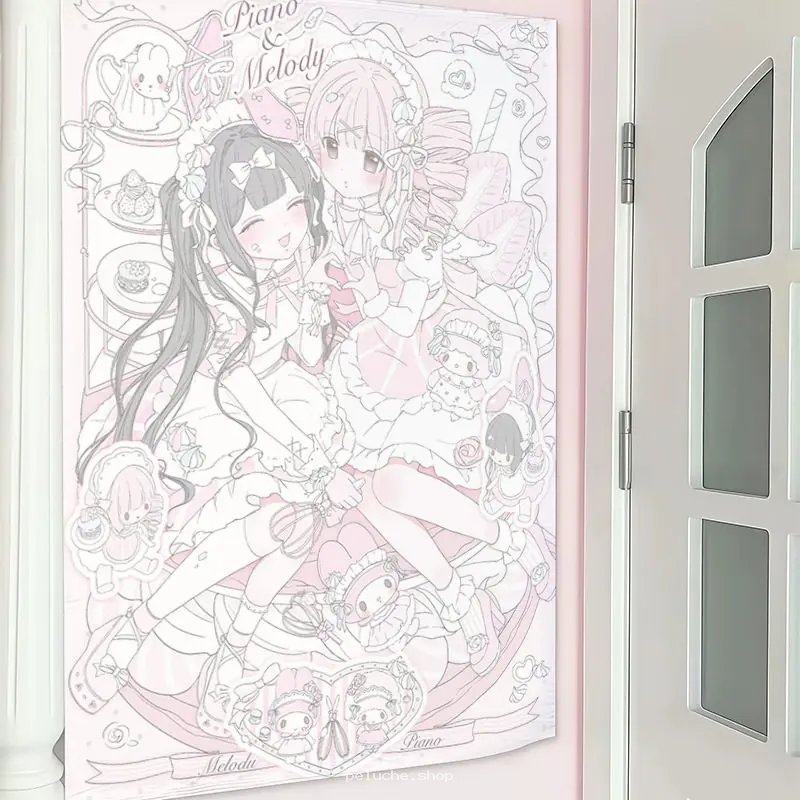 Tapisserie Anime Kawaii My Melody & Piano Décoration Murale Rose