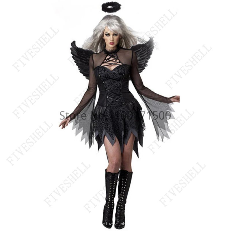 Déguisement Ange Noir Gothic - Robe Ailes Halloween Femme
