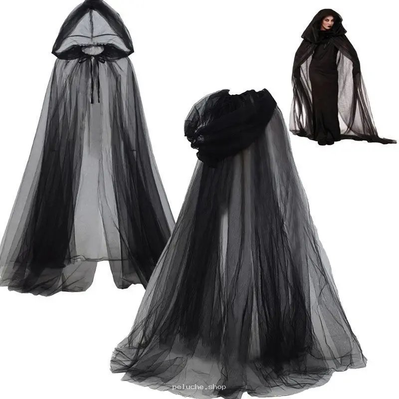 Cape longue noire à capuche en tulle pour déguisement