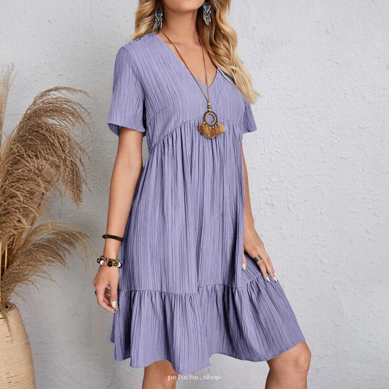 Robe Babydoll Violette à Col V - Style Décontracté Chic