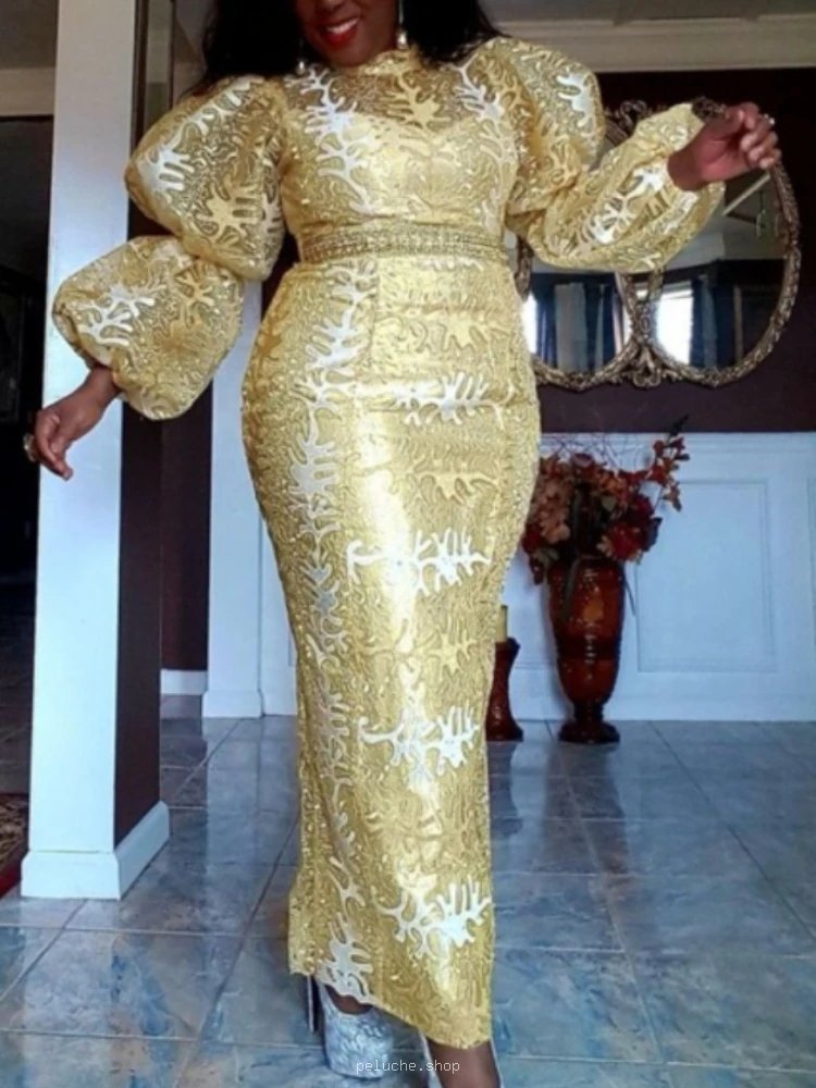 Robe Longue Dorée Élégante avec Manches Bouffantes et Motifs