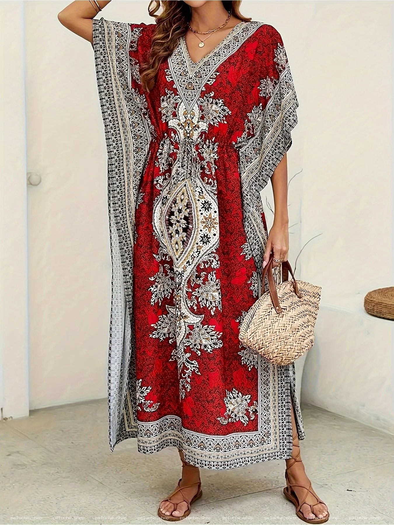 Robe Caftan Bohème Rouge Imprimé Ethnique - Élégance Estivale