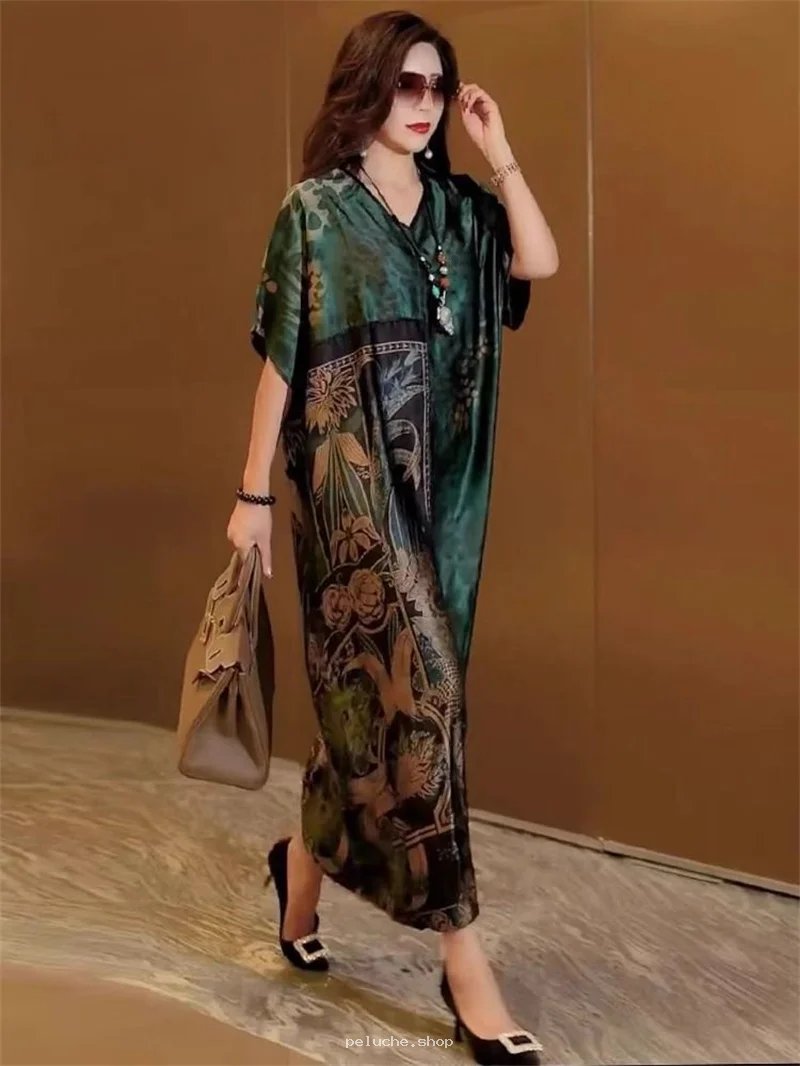 Robe Longue Fluide Imprimée Vert Émeraude Élégante Femme