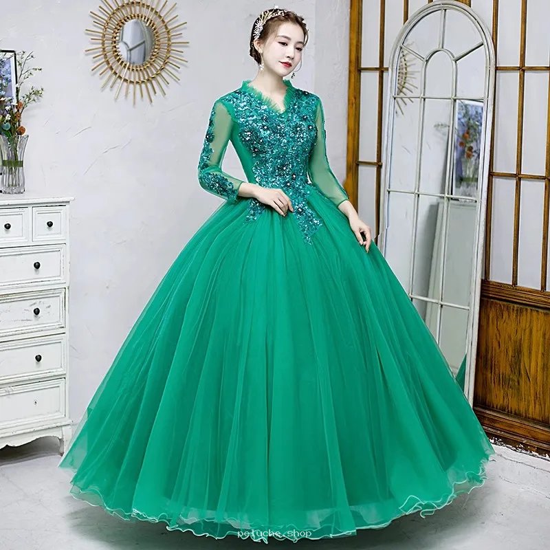 Robe de Bal Verte Émeraude Scintillante Manches Longues