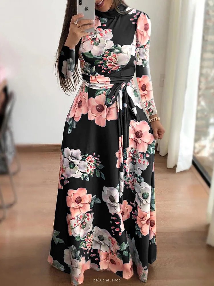 Robe longue florale noire élégante à col montant et manches