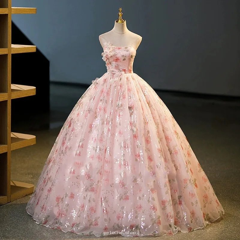 Robe de bal rose fleurie bustier | Paillettes & élégance