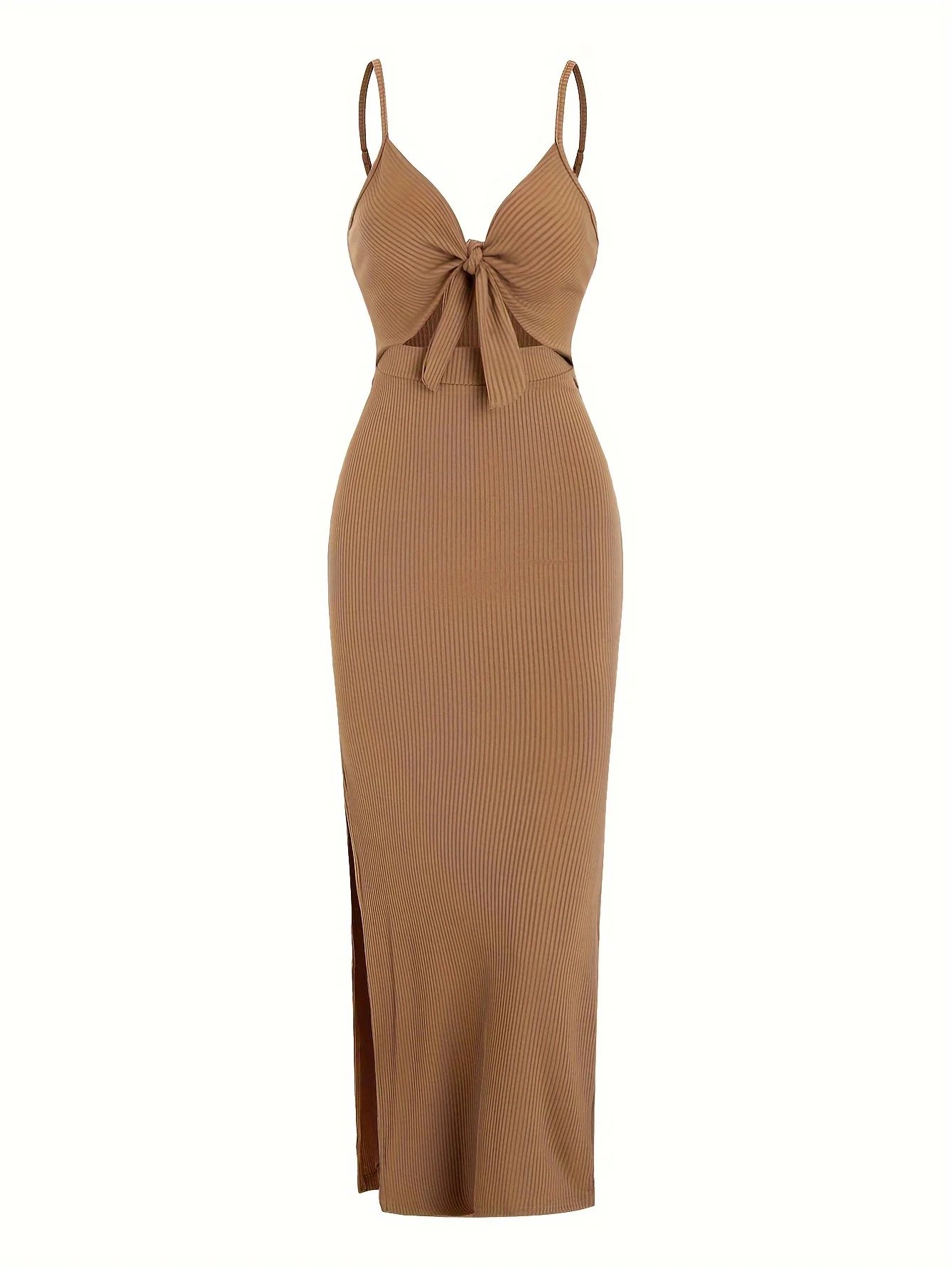 Robe Midi Côtelée Marron - Nœud & Découpes Élégantes
