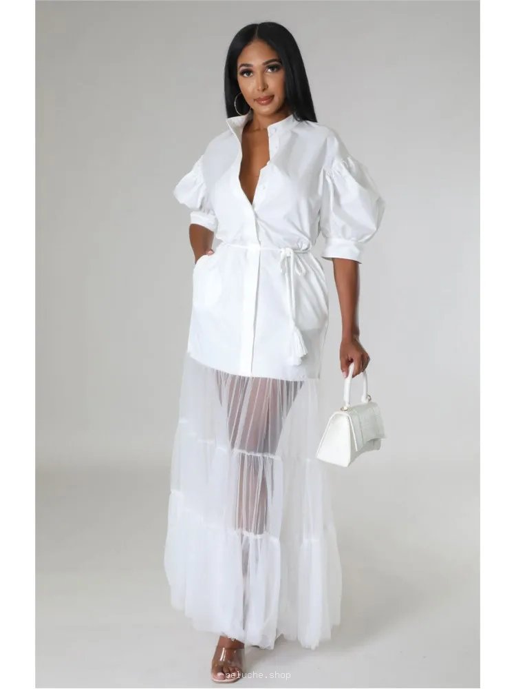 Robe Chemise Blanche & Tulle Longue Élégante pour Femme